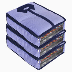 Kuber Industries Lining Print Cotton Shirt Cover/Clothing Organizer/Wardrobe Organizer With Window For Home, Traveling Pack of 3 (Blue)