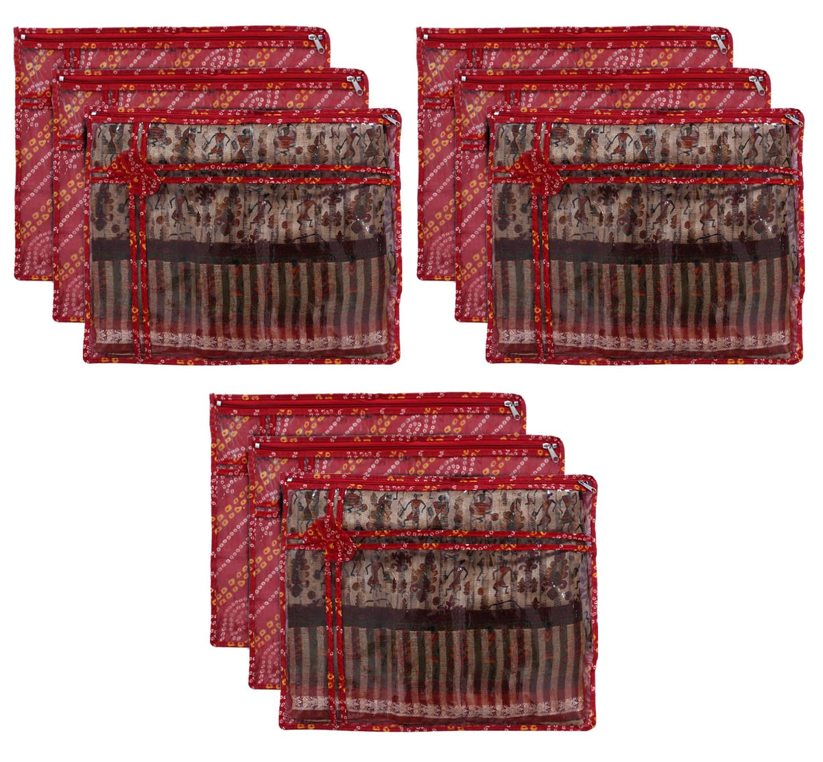 Kuber Industries Bandhani Print PVC Foldable Single Saree Cover|Clothes Storage For Saree, Lehenga, Suit With Transparent Pack of 9 (Red)