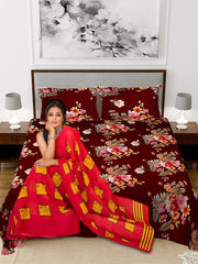 Heart Home Double Bedsheet|Glace Cotton Flower Print Bedsheet with 2 Pillow Covers for Living Room|Bedroom|90x100 Inch (Maroon)