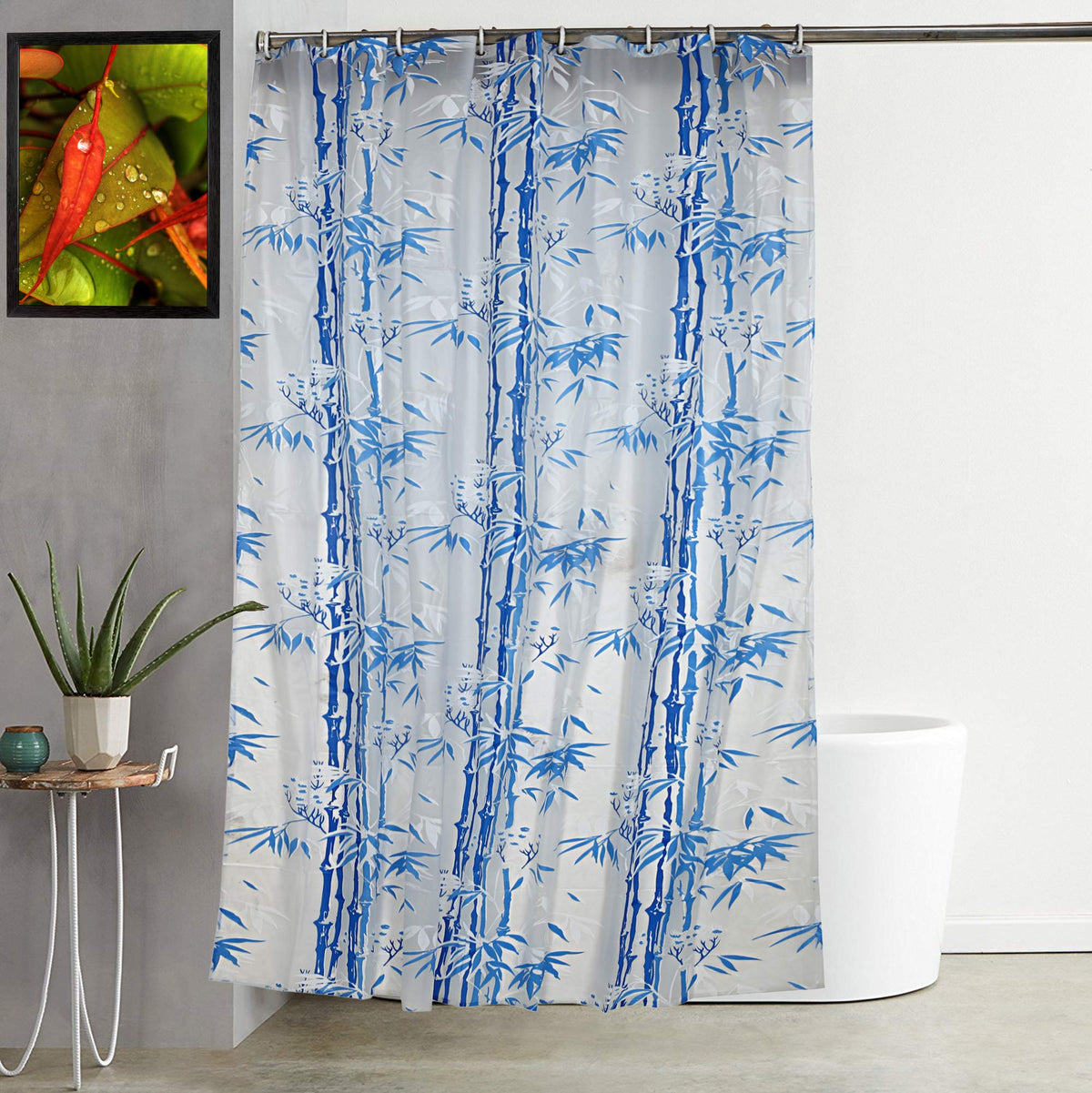 Kuber Industries PVC Bamboo Design Shower Curtain with Hooks - 54"x84", Blue (CTKTC03911)