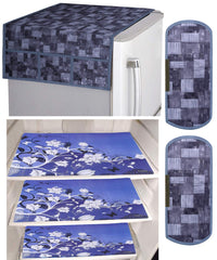 Kuber Industries Flower Design 3 Pieces PVC Fridge Mats,2 Piece Handle Cover and 3D Checkered Design 1 Piece Fridge Top Cover (Grey) - CTKTC039803
