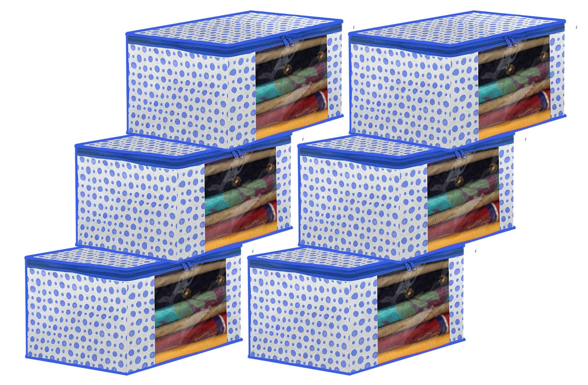 Heart Home Dot Printed Foldable, Lightweight Non-Woven Saree Cover/Organizer With Tranasparent Window- Pack of 6 (Blue)-46HH0497