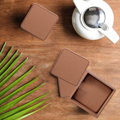 Heart Home Tea Coaster|Soft Leather Heat Insulation Tabletop Coasters|Decorative Holder for Tea, Coffee & Office Desk with Stand Set of 6 (Light Brown)