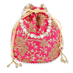Kuber Industries Embroidery Drawstring Potli|Hand Purse with Gold Pearl Border & Handle for Woman,Girls (Pink)