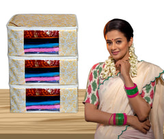 Homestic Set of 6 Foldable Non Woven saree covers with Zip|Saree & Clothes Organiser for wardrobe |Transparent Window With Premium Zipper|Suitable for Lehenga, Suit, Dress (Gold)