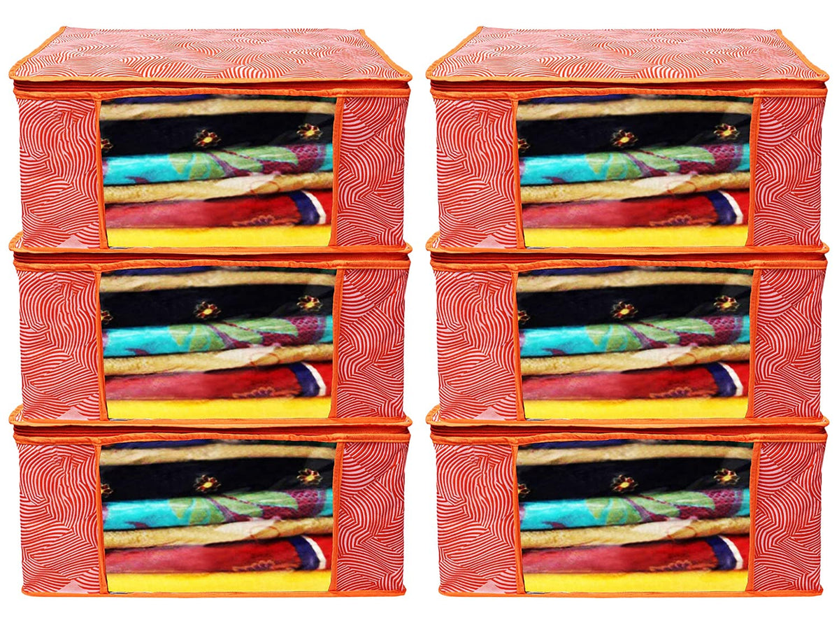 Heart Home Lahariya Design Non-woven Sarees, Clothes Cover/Organizer With Transparent Window- Pack of 6 (Orange)-44HH0380
