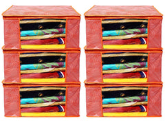 Heart Home Lahariya Design Non-woven Sarees, Clothes Cover/Organizer With Transparent Window- Pack of 6 (Orange)-44HH0380