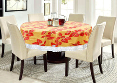 Heart Home Leaf Printed 72 Inch 6 Seater PVC Round Table Cover with Lace Border (Gold)-HS43HEARTH26594