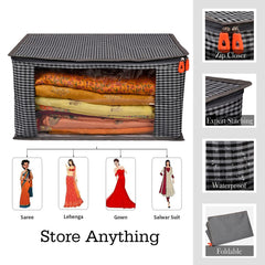Kuber Industries Saree Cover|Rexine Foldable Matty Check Design|Transparent Window Wardrobe Organizer with Plastic Slider Zip|Extra Large (Gray)