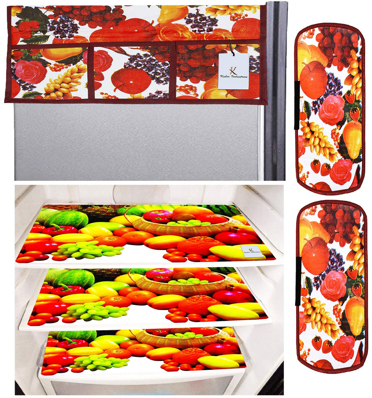 Kuber Industries Fruits Design 3 Pieces PVC Fridge Mats,2 Piece Handle Cover and 1 Piece Fridge Top Cover (Red & White) CTKTC34069