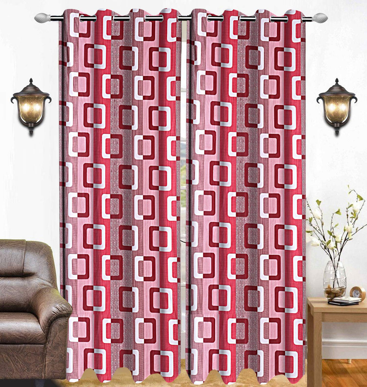 Kuber Industries Geometric Design 1 Piece Polyester Eyelet Door Curtain 7 Feet (Maroon)-CTKTC030129