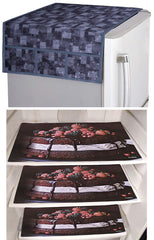 Kuber Industries Cake Design 3 Pieces PVC Fridge Mats and 3D Checkered Design 1 Piece Fridge Top Cover (Grey) - CTKTC039719