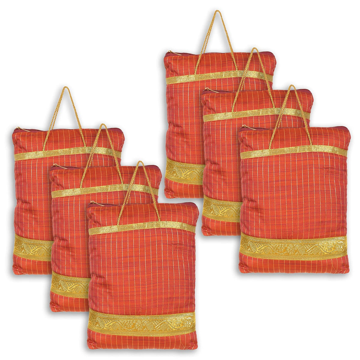 Kuber Industries Polyester Strips Print Hand Bag/Grocery Bag For Women/Girls With Handle Pack of 6 (Red) 54KM4042