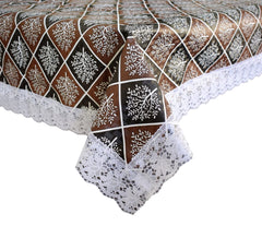 Heart Home Leaf Printed PVC 6 Seater Dinning Table Cover, Protector with White Lace Border, 60"x90" (Black & Brown)