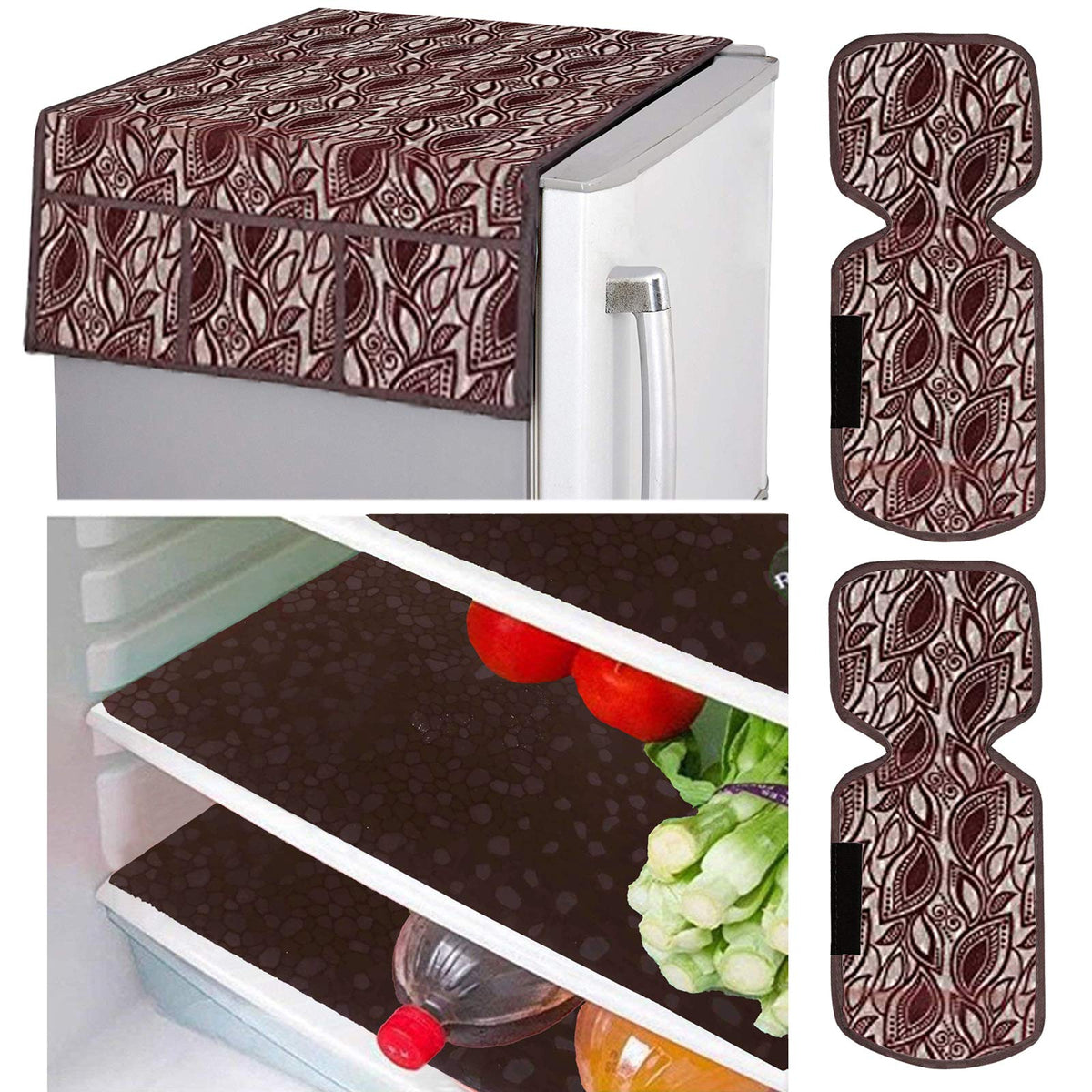 Kuber Industries Leaf Design Combo PVC 3 Pieces Fridge Mats, 2 Piece Handle Cover and 1 Piece Fridge Top Cover(Maroon)