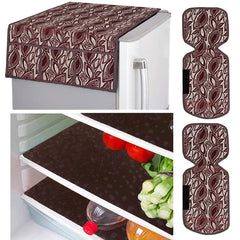 Kuber Industries Leaf Design Combo PVC 3 Pieces Fridge Mats, 2 Piece Handle Cover and 1 Piece Fridge Top Cover(Maroon)