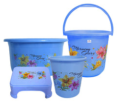 Heart Home Printed 4 Pieces Plastic Bucket, Stool, Dustbin & Tub Set (Blue)