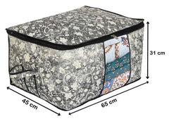 Kuber Industries Flower Print Foldable Woven Underbed Storage Bag|Large Storage Organiser|Blanket Cover with Transparent Window|Size 65 x 45 x 31 CM (Black)-KUBMART16598(Fabric)