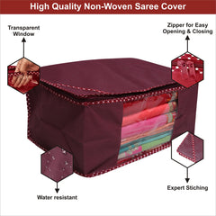 Homestic Set of 3 Foldable Non Woven saree covers with Zip|Saree & Clothes Organiser for wardrobe |Transparent Window With Premium Zipper|Suitable for Lehenga, Suit, Dress (Maroon)