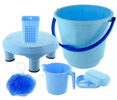 Kuber Industries Plastic Bathroom Set of 6 Pieces with Bucket, Mug, Stool,Tooth Brush Stand, Soap case & Juna Set (Blue)-KUBMART15277