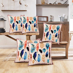 Heart Home Cushion Cover|Sofa Cushion Covers|Feather Print Sitting Cushion Cover|Polyester Cushion Filler|16x16 Inch|Set of 5 (White)