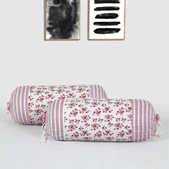 Heart Home Bolster Covers | Cotton Bolster Cover Set | Diwan Bolster Cover Set | Bolster Pillow Cover | Pink Flower Masand Cover | 16x32 Inch | Pack of 2 | White