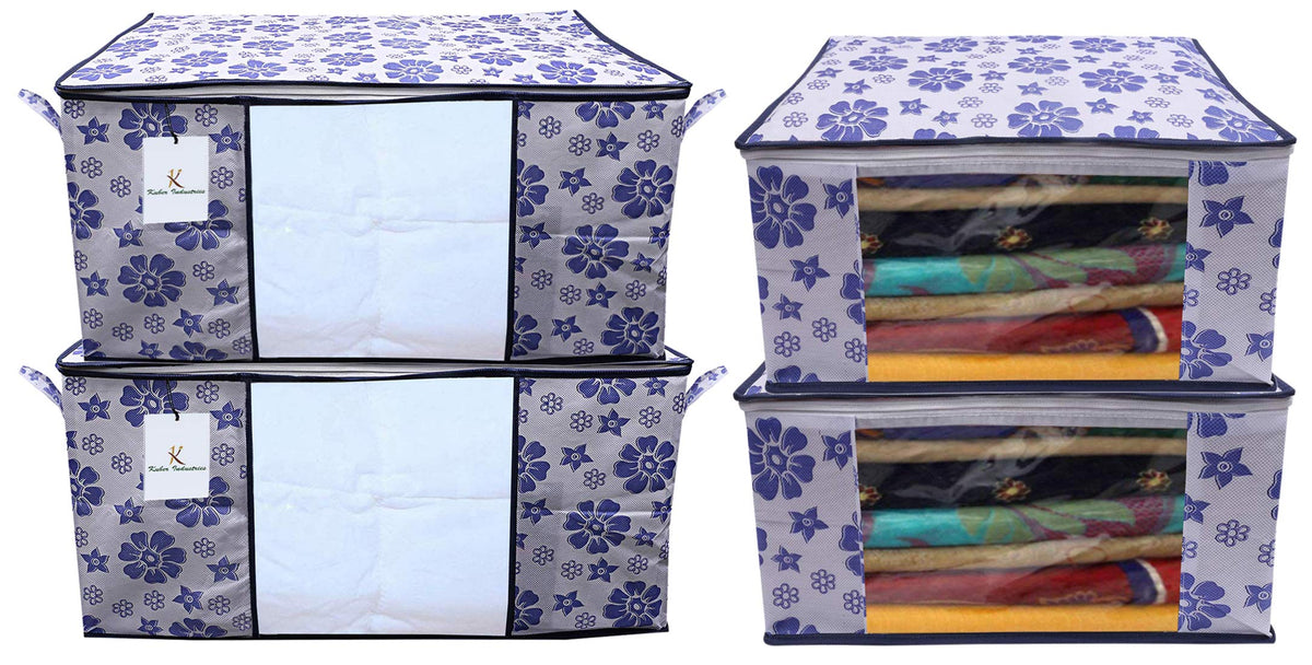 Kuber Industries Flower Printed Non Woven 2 Pieces Saree Cover and 2 Pieces Underbed Storage Bag, Cloth Organizer for Storage, Blanket Cover Combo Set (Royal Blue) -CTKTC038619