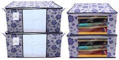 Kuber Industries Flower Printed Non Woven 2 Pieces Saree Cover and 2 Pieces Underbed Storage Bag, Cloth Organizer for Storage, Blanket Cover Combo Set (Royal Blue) -CTKTC038619
