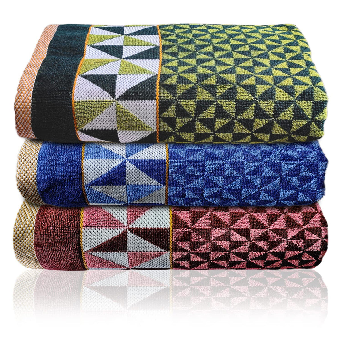 Heart Home Multiuses Tringle Printed Soft Cotton Bath Towel, 30"x60" - Pack of 3 (Blue & Maroon & Green)