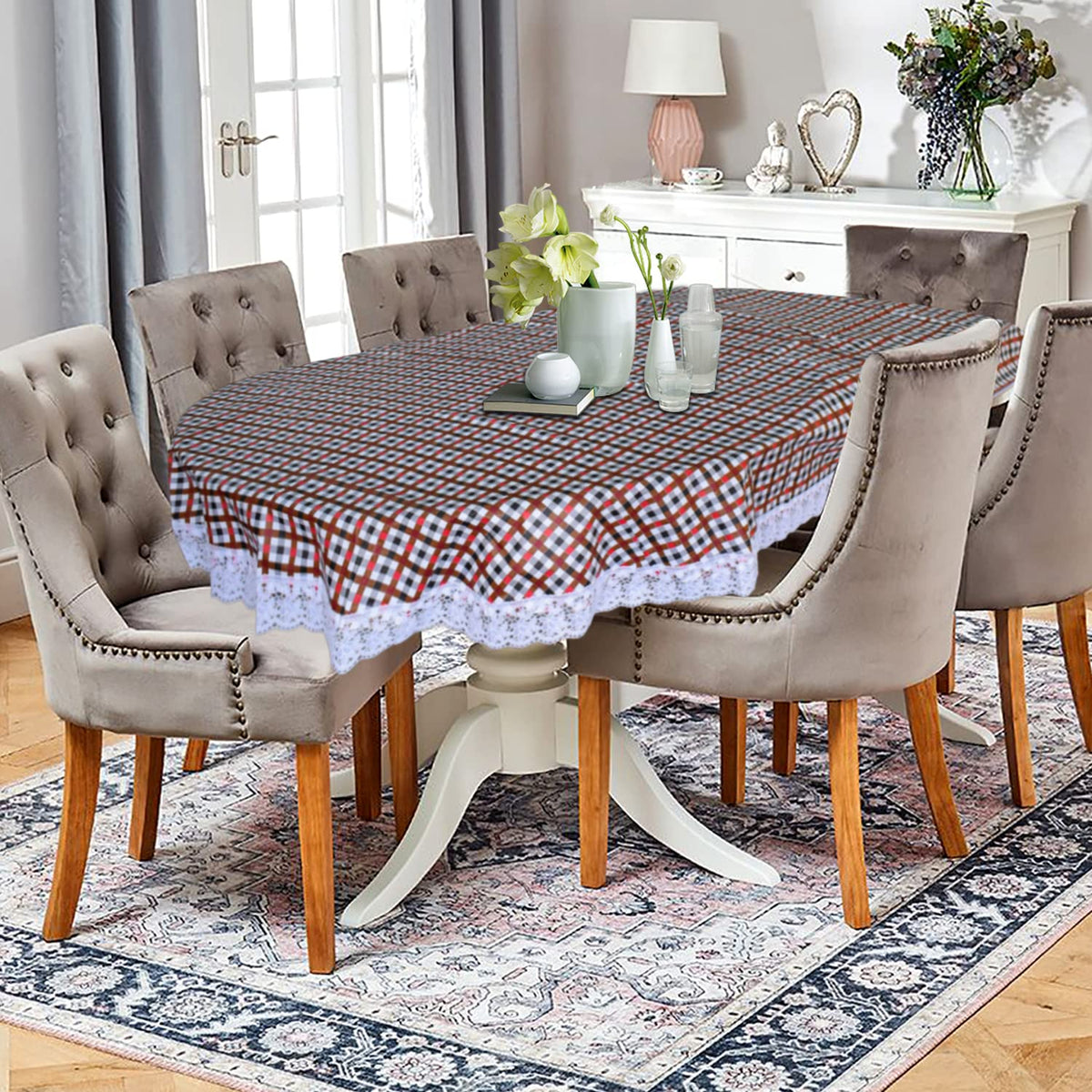 Heart Home Check Printed PVC 6 Seater Oval Shape Table Cover, Protector with White Lace Border, 60"x90" (Maroon)