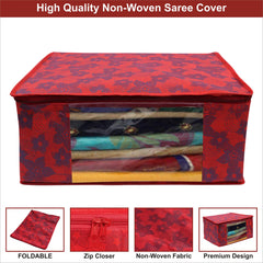 Homestic Set of 6 Foldable Non Woven saree covers with Zip|Saree & Clothes Organiser for wardrobe |Transparent Window With Premium Zipper|Suitable for Lehenga, Suit, Dress (Red)