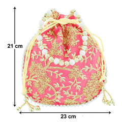 Kuber Industries Embroidery Drawstring Potli|Hand Purse with Gold Pearl Border & Handle for Woman,Girls Pack of 2 (Green & Light Pink)