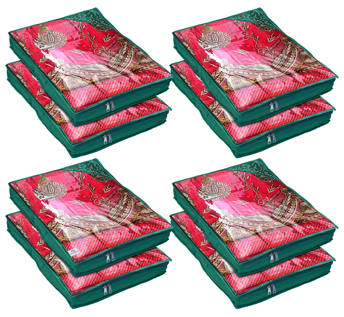 Heart Home Embroidery Design Non Woven 3" inch Saree Cover With Transparent Top- Pack of 8 (Green)