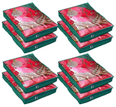 Heart Home Embroidery Design Non Woven 3" inch Saree Cover With Transparent Top- Pack of 8 (Green)