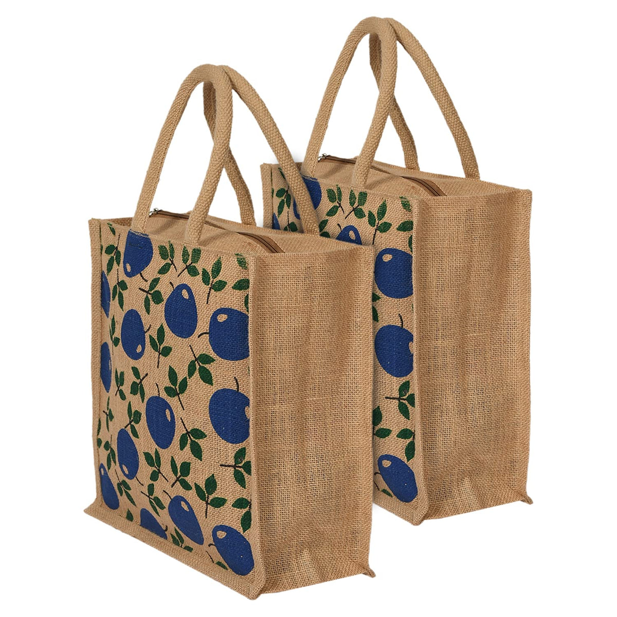Kuber Industries Fruits Print Jute Reusable Eco-Friendly Hand Bag/Grocery Bag For Man, Woman With Handle Pack Of 2 (Blue) 54KM4361