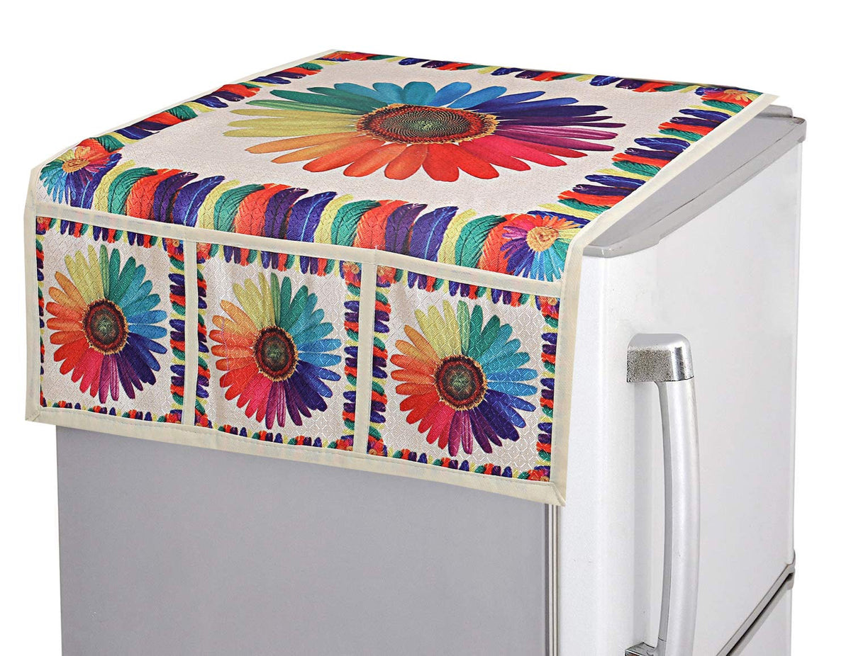 Kuber Industries Flower Print Jute Fridge/Refrigerator Top Cover, Gold-KUBMART10088 (KUBMART010088)