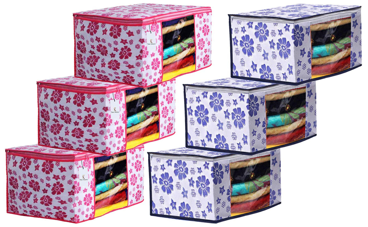 Kuber Industries Flower Design 6 Piece Non Woven Fabric Saree Cover Set with Transparent Window, Extra Large, Pink & Blue -CTKTC040857