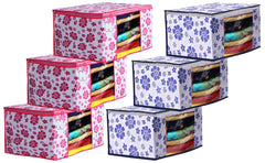Kuber Industries Flower Design 6 Piece Non Woven Fabric Saree Cover Set with Transparent Window, Extra Large, Pink & Blue -CTKTC040857