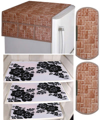 Kuber Industries Flower Design 3 Pieces PVC Fridge Mats,Wooden Checkered 2 Piece Handle Cover and 1 Piece Fridge Top Cover (Brown) - CTKTC039873