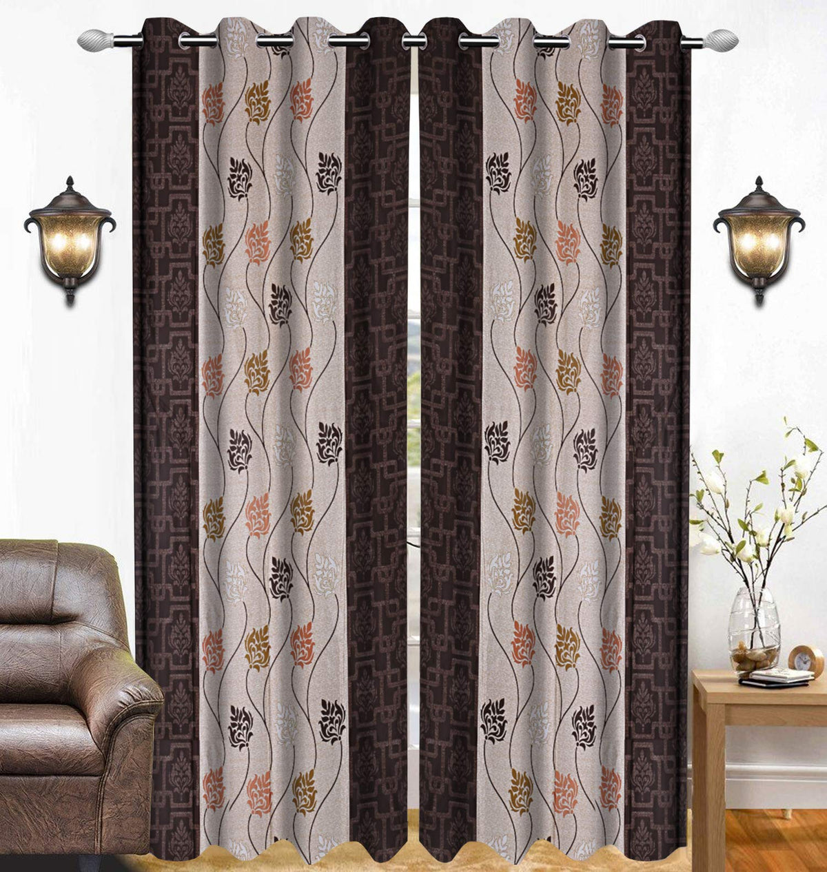 Kuber Industries Floral Design 2 Pieces Polyester Eyelet Door Curtain 7 Feet (Coffee)-CTKTC30141