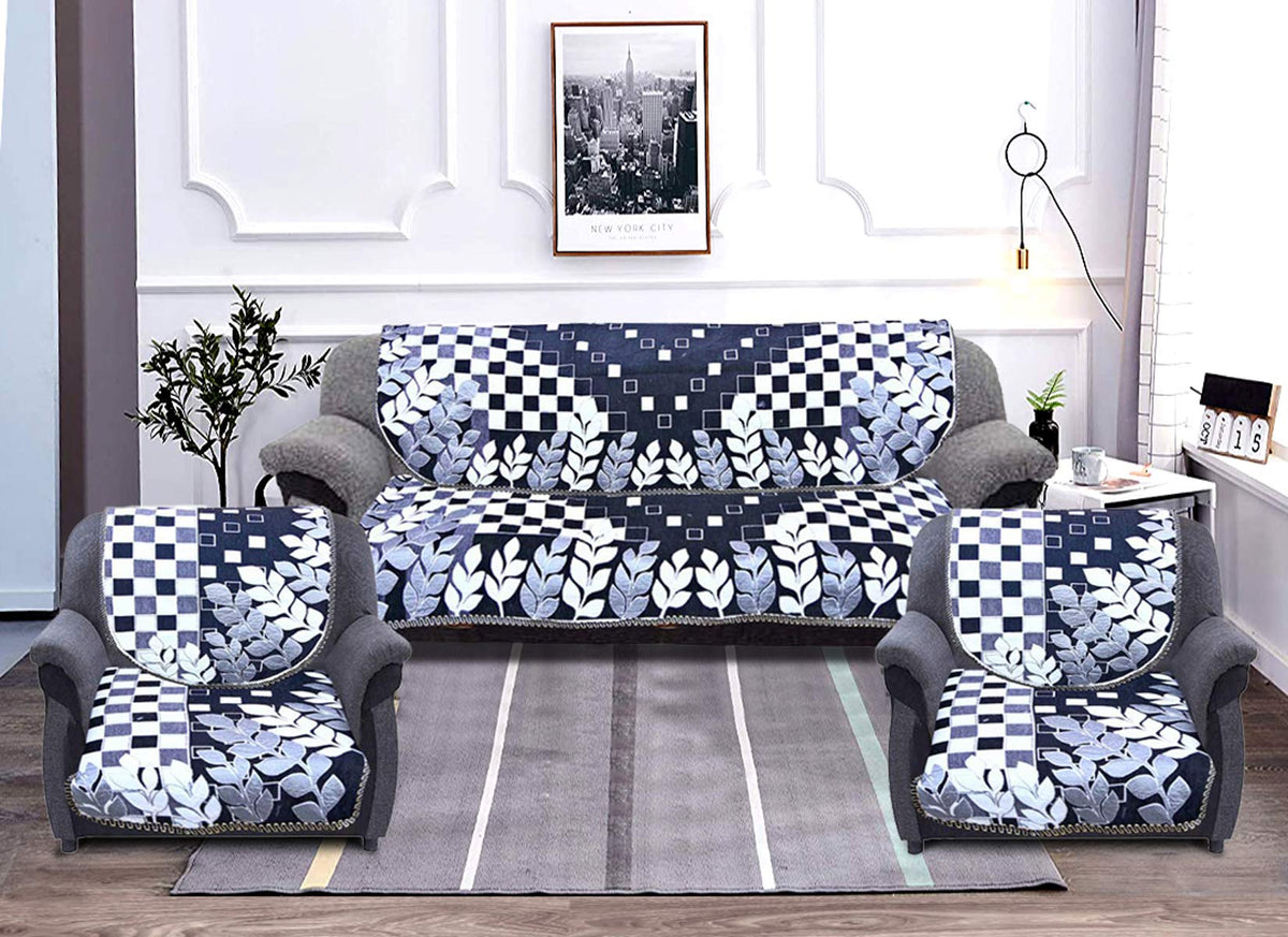 Kuber Industries Leaf Print 6 Piece Velvet 5 Seater Sofa Cover Use Both Side, Living Room, Drawing Room, Bedroom, Guest Room - Black-KUBMART011150