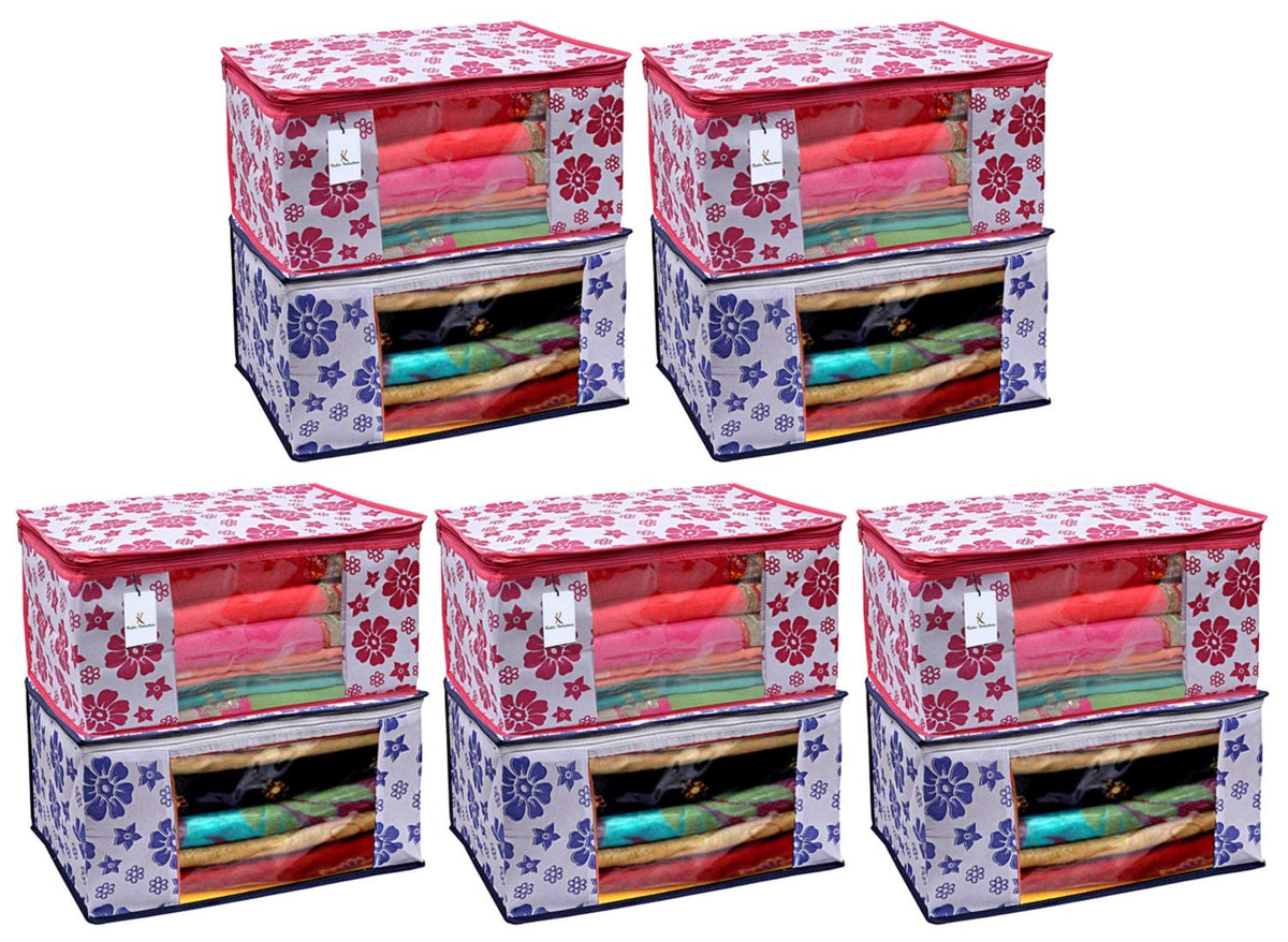Kuber Industries Flower Design 10 Piece Non Woven Fabric Saree Cover Set with Transparent Window, Extra Large, Pink & Blue -CTKTC40951