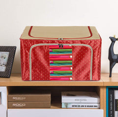 Heart Home Dot Printed Steel Frame Storage Box/Organizer For Clothing, Blankets, Bedding With Clear Window, 24Ltr. (Maroon & Brown)-44HH0225