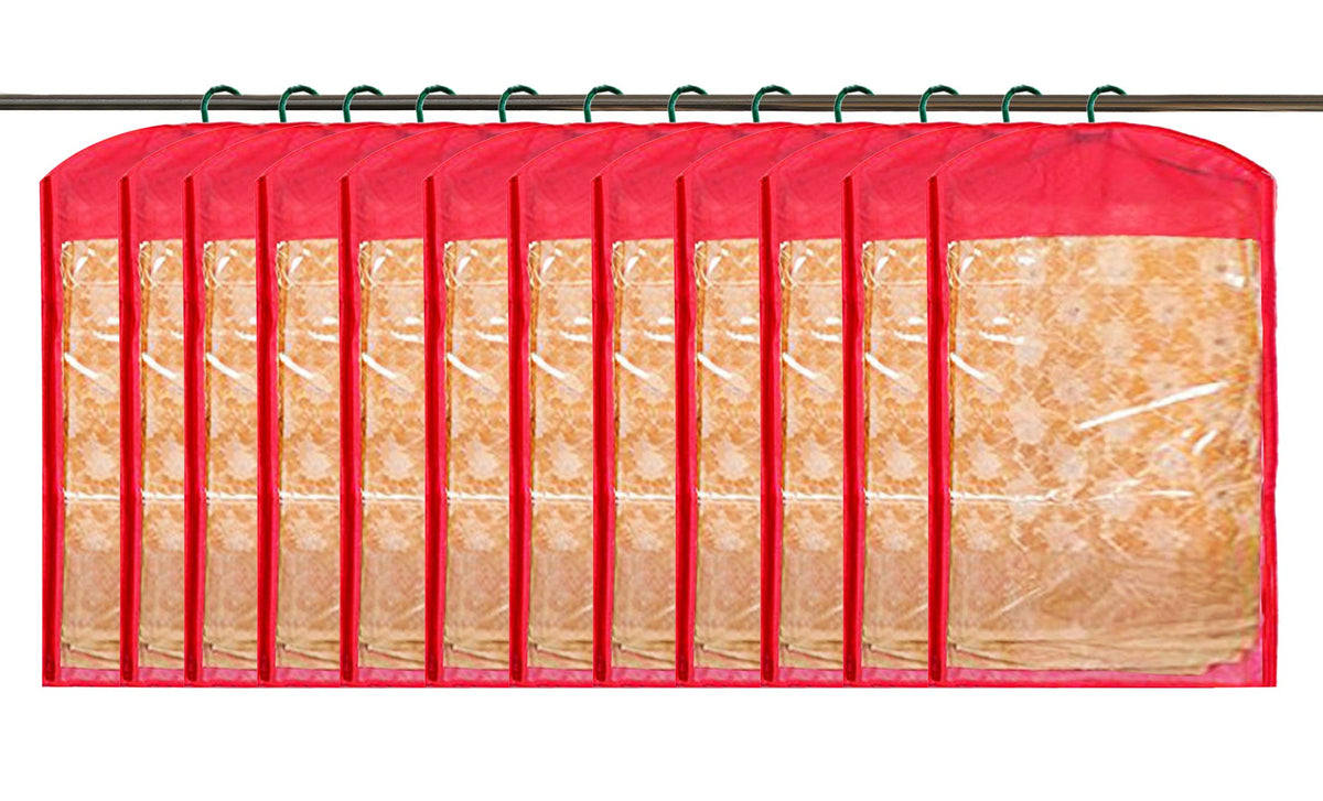 Kuber Industries 12 Pieces Non Woven Hanging Saree Cover Wardrobe Organiser with Hanger (Red) - CTKTC30950