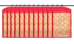 Kuber Industries 12 Pieces Non Woven Hanging Saree Cover Wardrobe Organiser with Hanger (Red) - CTKTC30950