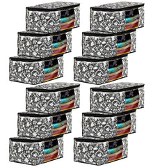 Heart Home Flower Design Non-woven Foldable Saree Cover/Clothes Storage Bag/Wardrobe Organizer With Transparent Window- Pack of 12 (Grey & Cream)-44HH0359