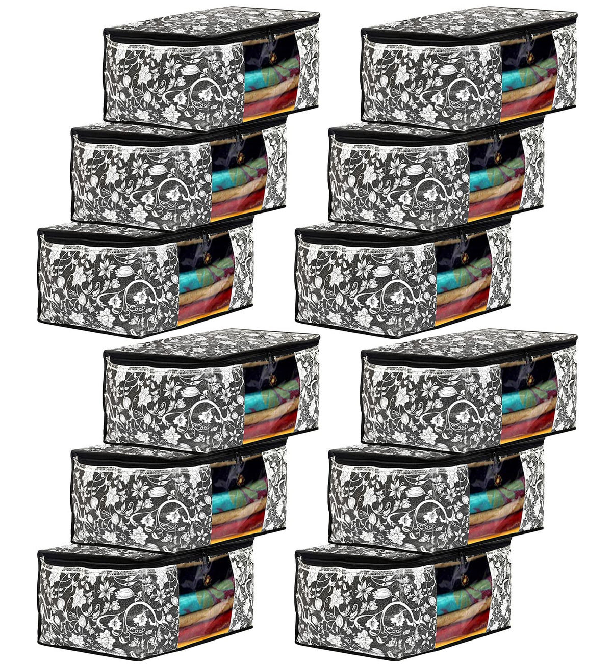 Kuber Industries Flower Design Non-woven Foldable Saree Cover/Clothes Storage Bag/Wardrobe Organizer With Transparent Window- Pack of 12 (Grey & Cream)-44KM0359