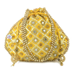 Heart Home 2 Pieces Silk Traditional Mirror Work Clutch Potli Batwa Pouch Hand Bag for Bridal, Casual, Party, Wedding (Gold & Blue)-HEART11512