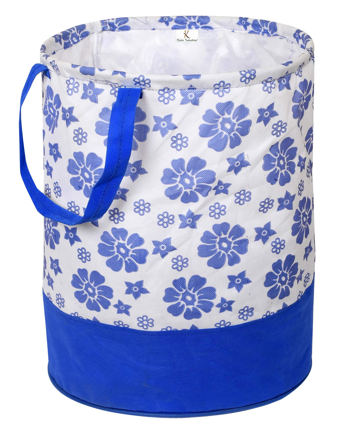 Kuber Industries Flower Print Round Non Woven Fabric Foldable Laundry Organiser With Handles,45 Ltr (Blue)-KUBMART11609