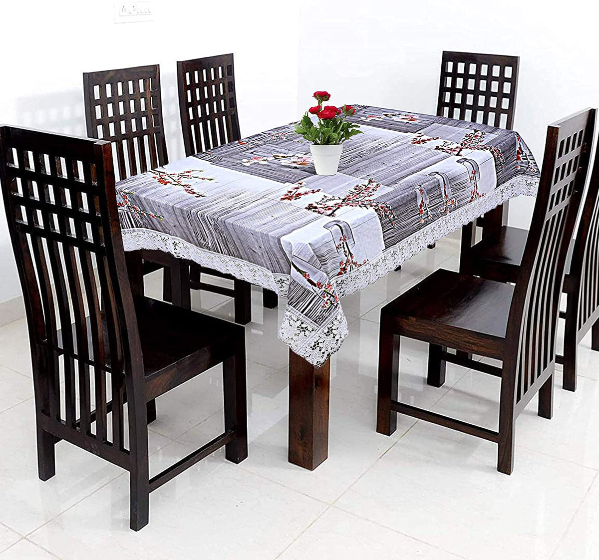 Kuber Industries Floral PVC 6 Seater Dining Table Cover - Grey (CTKTC05155)